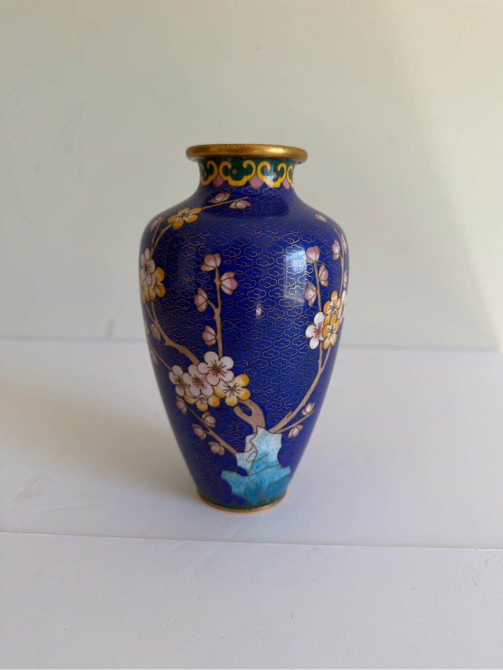 Pristine Vintage Chinese Cloisonne Vase Cobalt Blue Cherry Blossom Enamel 1970s